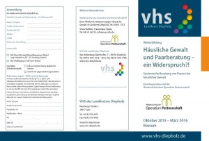 Die Volkshochschule (VHS) des Landkreises Diepholz bietet in Zusammenarbeit mit dem Verein Niedersächsische Operation Partnerschaft (NOP) eine Weiterbildung an zum Thema Häusliche Gewalt und Paarberatung.