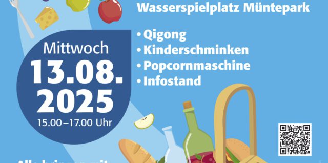 Picknick im Park am Mittwoch, 13.08.2025, 15.00–17.00 Uhr auf dem Wasserspielplatz Müntepark in Diepholz.(Illustration designed by stockgiu/Freepik)